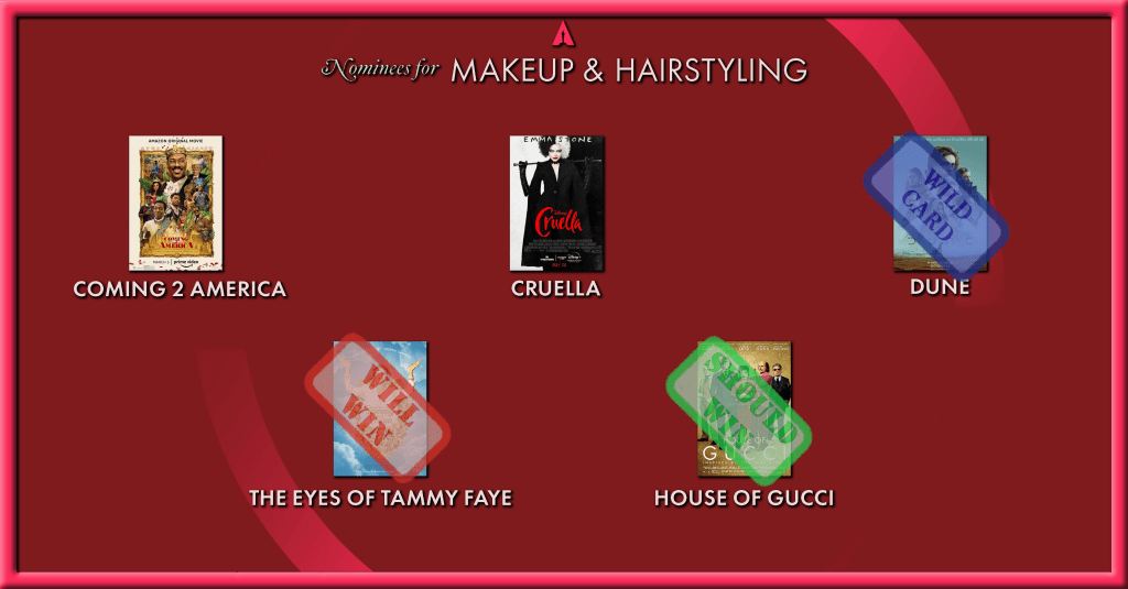 Best Makeup & Hairstyling Oscar
Will Win: The Eyes Of Tammy Faye
Should Win: House Of Gucci
Wild Card: Dune