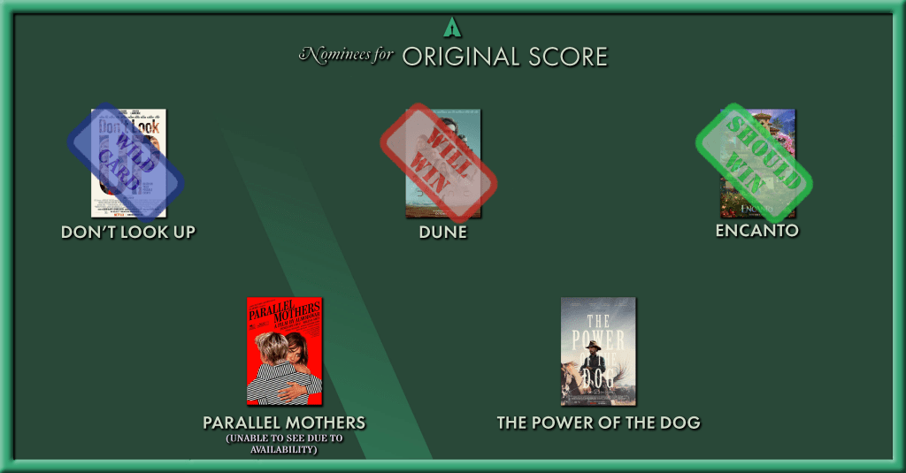 Original Score Oscar
Will Win: Dune
Should Win: Encanto
Wild Card: Don't Look Up