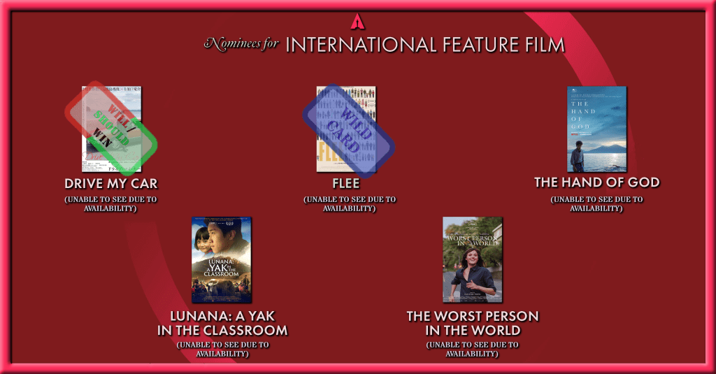 Best International Feature Film
Will Win: Drive My Car
Should Win: Drive My Car
Wild Card: Flee