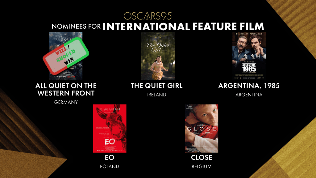 Nominees for International Feature Film
Will Win: All Quiet On The Western Front
Should Win: All Quiet On The Western Front
Wild Card: N/a