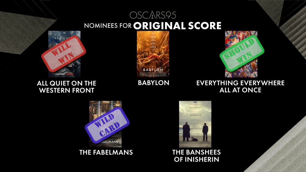 Nominees for Best Score Will Win: All Quiet On The Western Front
Should Win: Everything Everywhere All At Once
Wild Card: Banshees of Inisherin