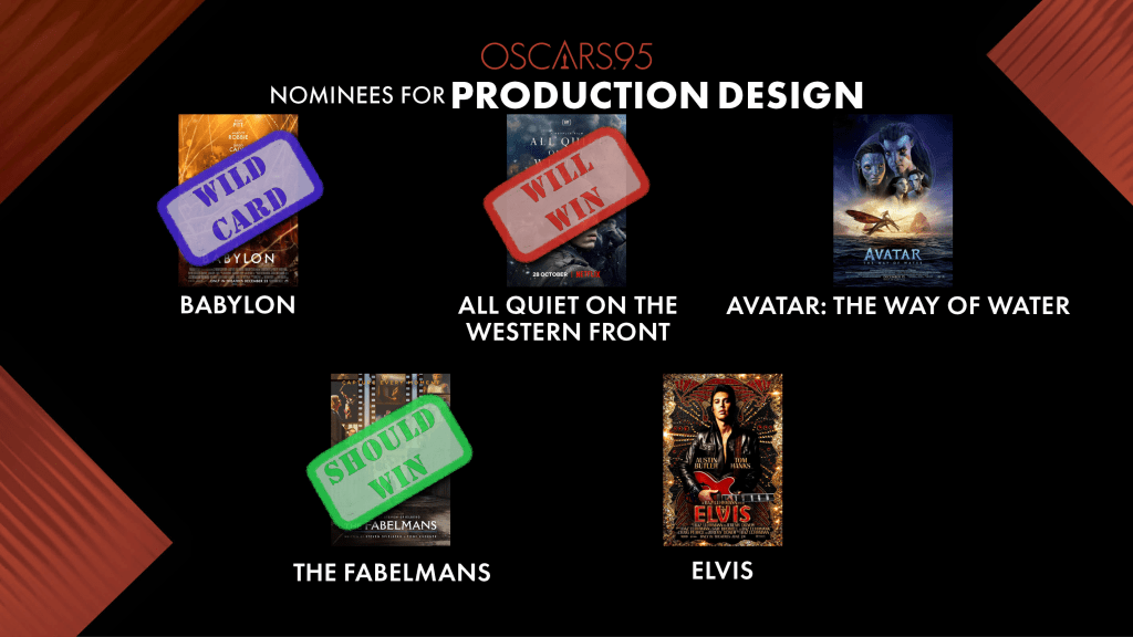 Best Production Design
Will Win: All Quiet On The Western Front
Should Win: The Fabelmans
Wild Card: Babylon