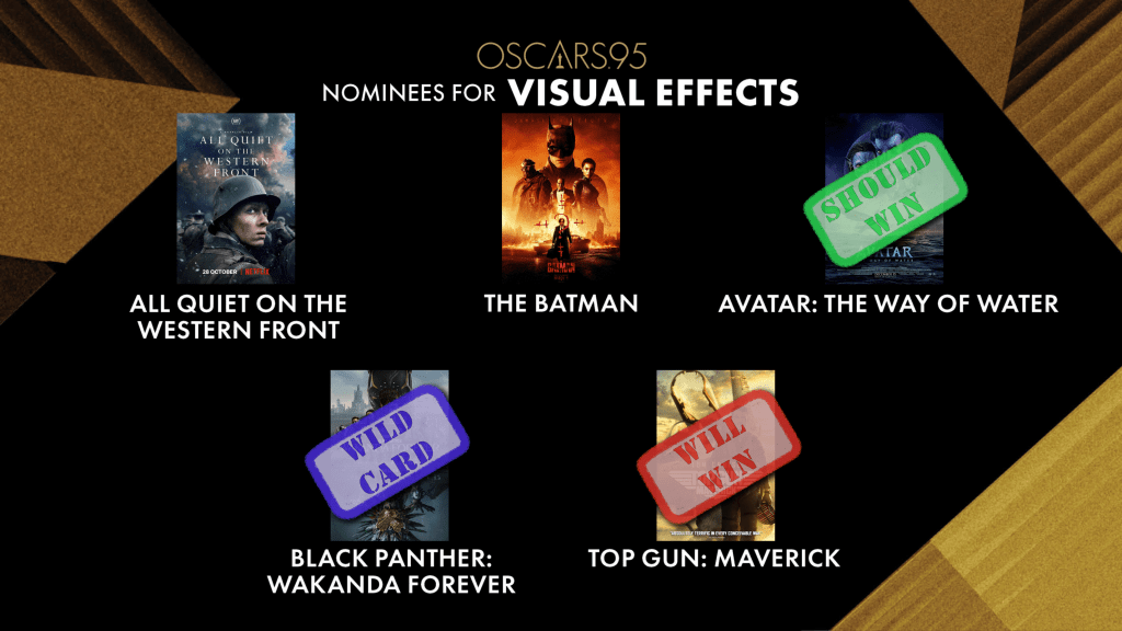 Best Visual Effects
Will Win: Top Gun: Maverick
Should Win: Avatar: The Way Of Water
Wild Card: Black Panther: Wakanda Forever