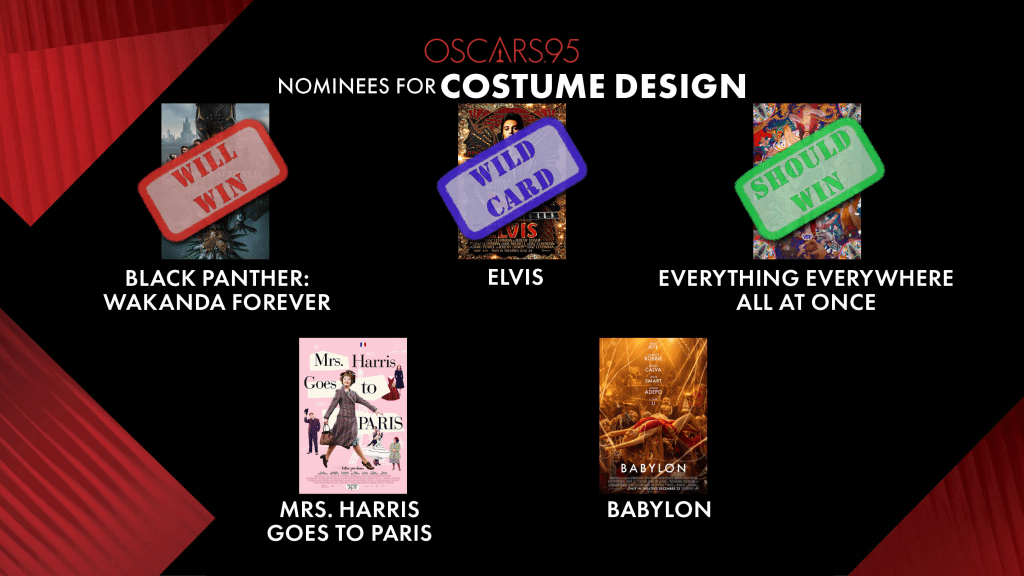 Best Costume Design
Will Win: Wakanda Forever
Should Win: Everything Everywhere All At Once
Wild Card: Elvis