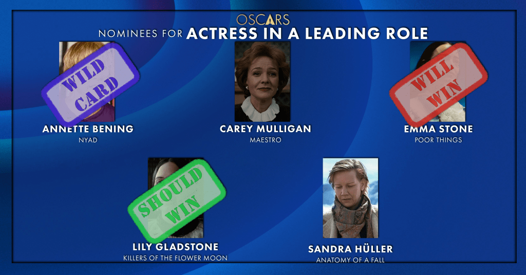 Best Actress in a Leading Role
Will Win: Emma Stone, Poor Things
Should Win: Lily Gladstone, Killers Of The Flower Moon
Wild Card: Annette Bening, NYAD
