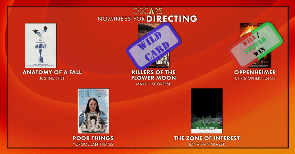 Best Picture
Will Win: Christopher Nolan, Oppenheimer
Should Win: Christopher Nolan, Oppenheimer
Wild Card: Martin Scorsese, Killers Of The Flower Moon