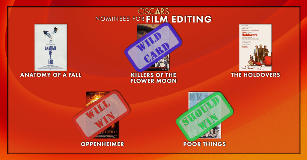 Best Editing
Will Win: Oppenheimer
Should Win: Poor Things
Wild Card: Killers Of The Flower Moon
