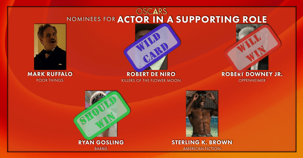 Best Actor in a Supporting Role
Will Win: Robert Downey Jr, Oppenheimer
Should Win: Ryan Gosling, Barbie
Wild Card: Robert De Niro, Killers Of The Flower Moon