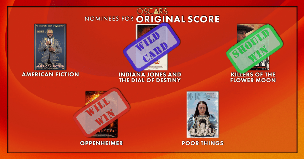 Best Score
Will Win: Oppenheimer
Should Win: Killers Of The Flower Moon
Wild Card: Indiana Jones And The Dial Of Destiny