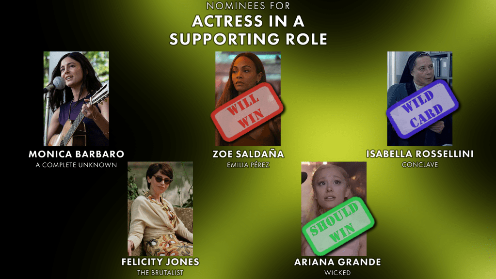 Best Supporting Actress
Will Win: Zoe Saldana
Should Win: Ariana Grande
Wild Card : Isabella Rosselini