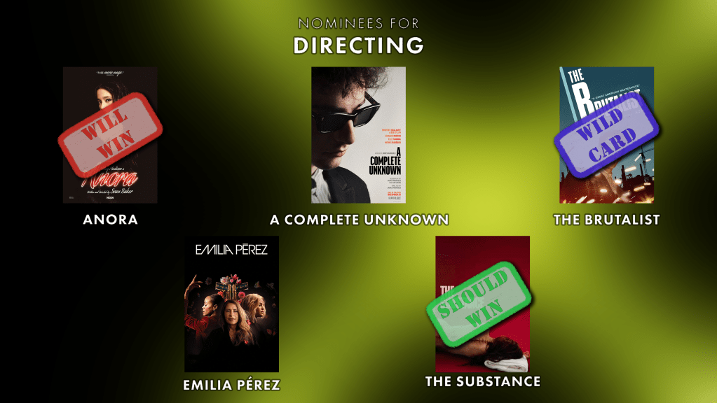 Best Directing
Will Win: Anora
Should Win: The Substance
Wild Card: The Brutalist