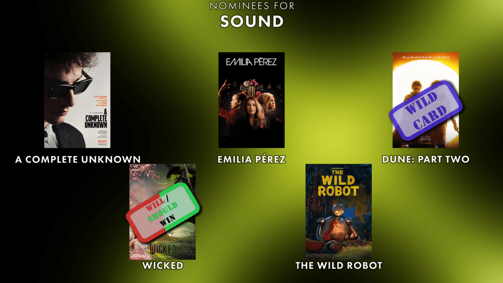 Best Original Sound
Will Win: Wicked
Should Win: Wicked
Wild Card :Dune Part Two