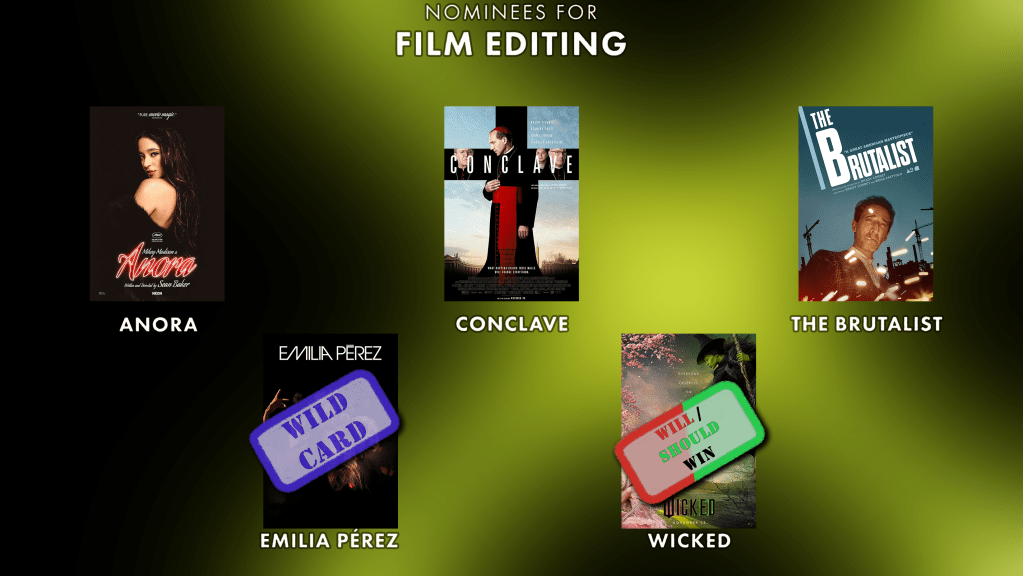 Best Film Editing
Will Win: Wicked
Should Win: Wicked
Wild Card : Emilia Perez