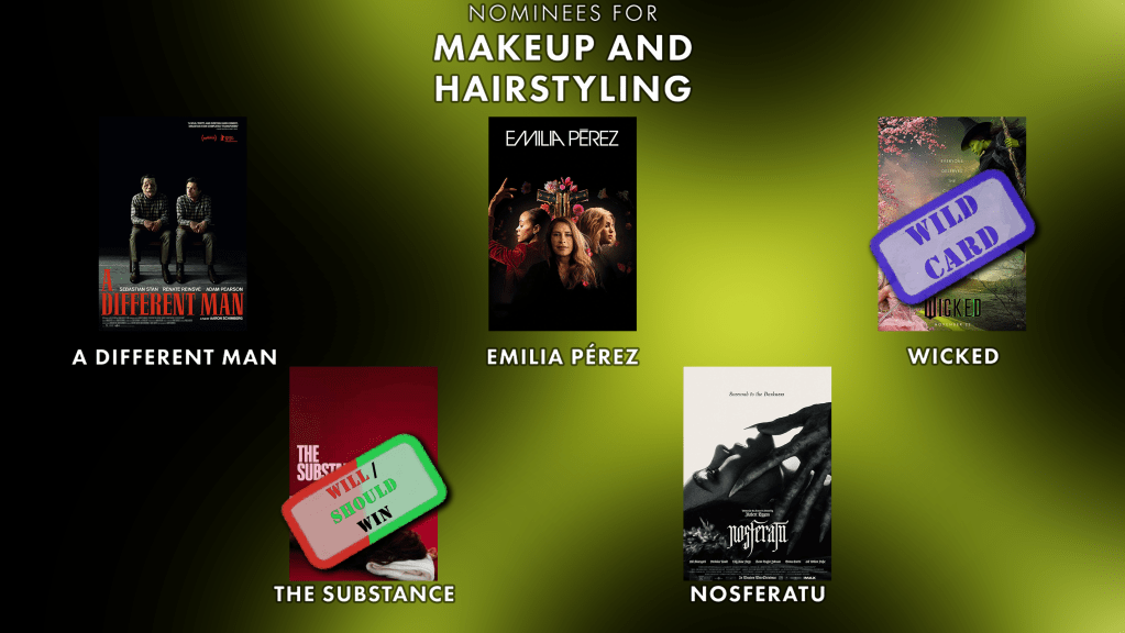 Best Makeup and Hairstyling
Will Win: The Substance
Should Win: The Substance
Wild Card : Wicked