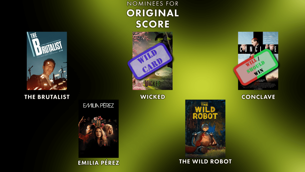 Best Original Score
Will Win: Conclave
Should Win: Conclave
Wild Card : Wicked