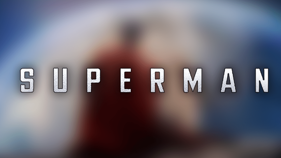 The Superman logo in front of a blurred image of Superman and Krypto looking over the earth